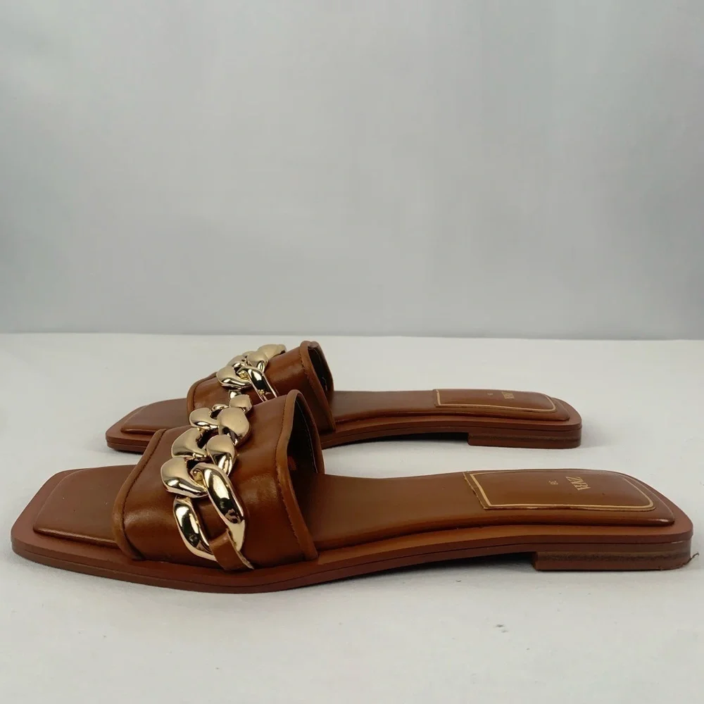 Zara Square Toe Vegan Leather Gold Chain Slides in Brown Size 7.5 or 38‎